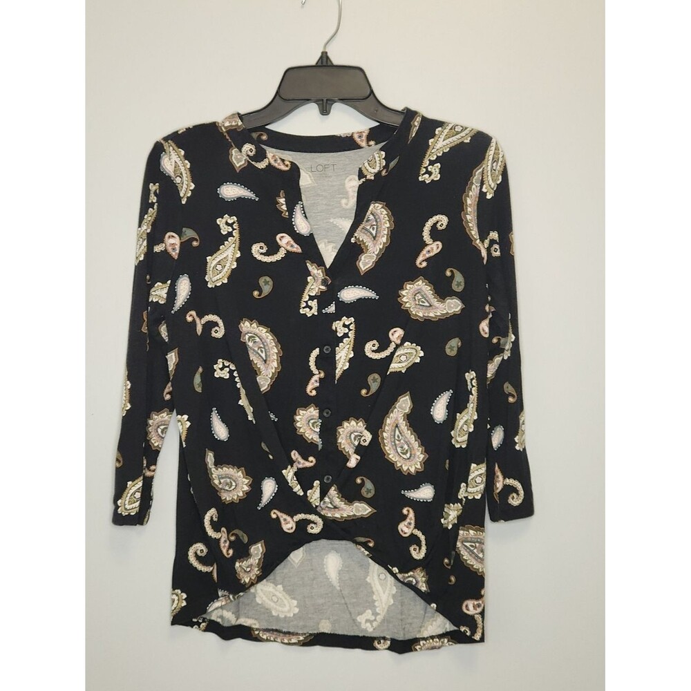 LOFT Outlet Black Paisley V-Neck Twist-Front Top Size Small